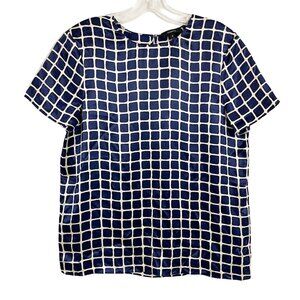 Theory Tile Print Satin Short Sleeve Silk Blouse Navy Blue -‎ Size Medium